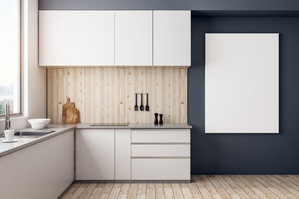 Contemporary kitchen interior with copy space on wall. Advertisement concept. Mock up, 3D Rendering